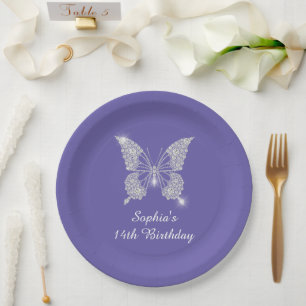 Teen B'day, Diamond Butterfly Name Age, Periwinkle Paper Plates
