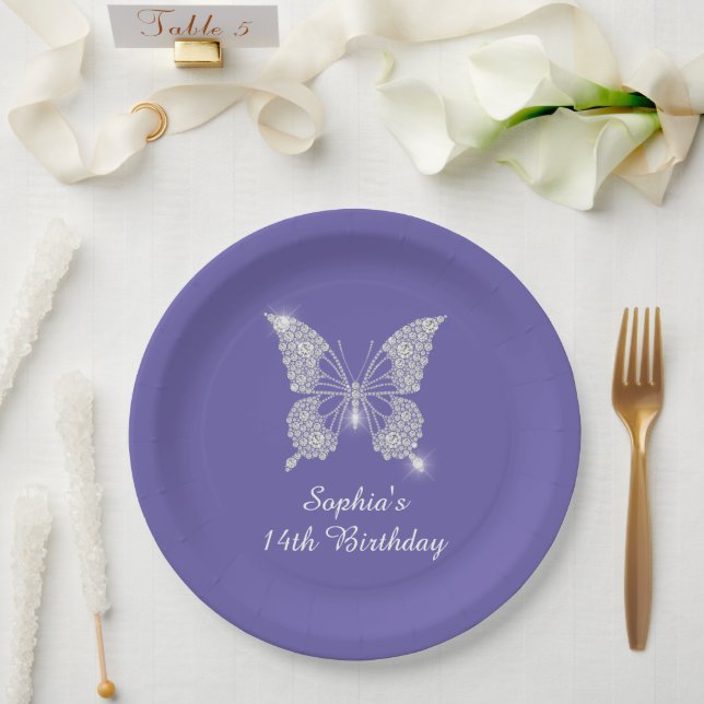 Teen B'day, Diamond Butterfly Name Age, Periwinkle Paper Plates (Wedding)