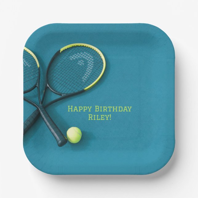 Teen Birthday Cyan Court Rackets Tennis Ball  Paper Plates (Front)