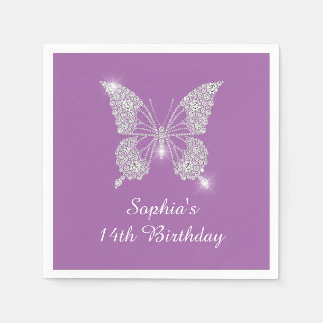 Teen Birthday Diamond Butterfly Name Age, Lavender Napkins (Front)