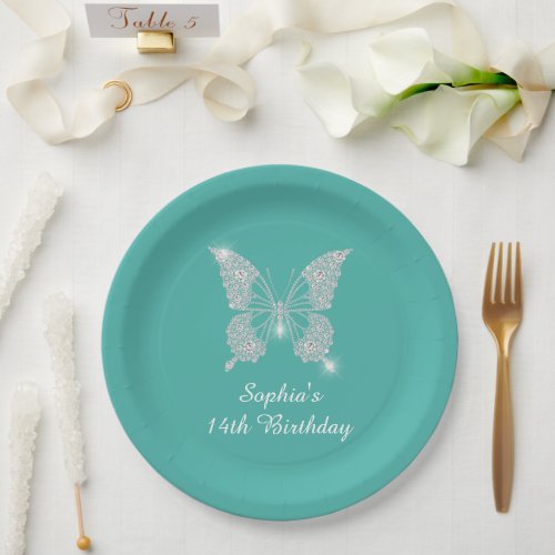 Teen Birthday Diamond Butterfly Name Age Teal Paper Plates