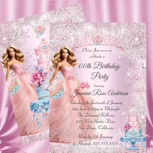 Teen Birthday Pink Blue Winter Wonderland Tiara Invitation (Creator Uploaded)