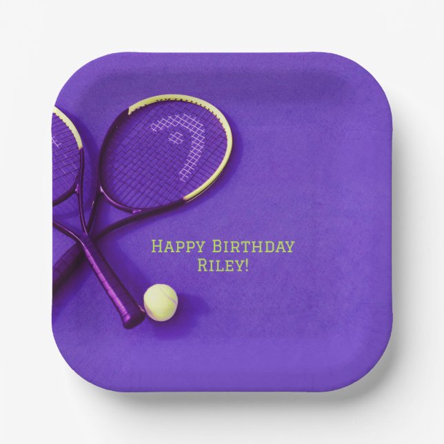 Teen Birthday Purple Court Rackets Tennis Ball  Paper Plates (Front)
