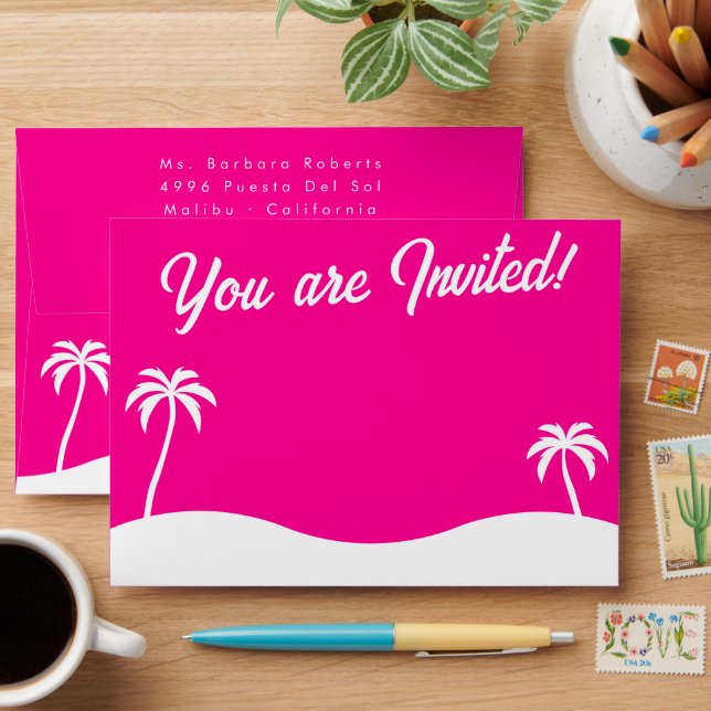 Teen Birthday Sweet 16 Hot Pink Beach Palm Trees Envelope (Desk)