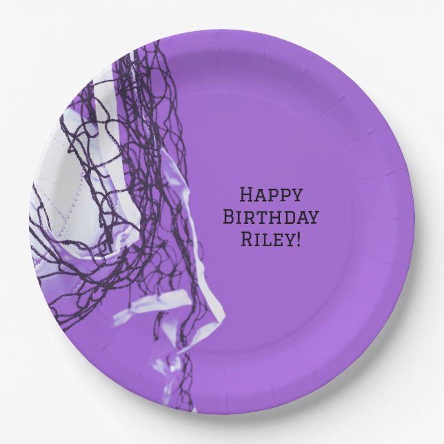 Teen Bold Purple Birthday Party Net & Volleyball  Paper Plates (Front)
