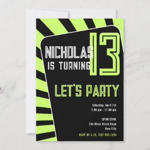 Teen Boy 13th Birthday-Any Age Black Neon Green Invitation