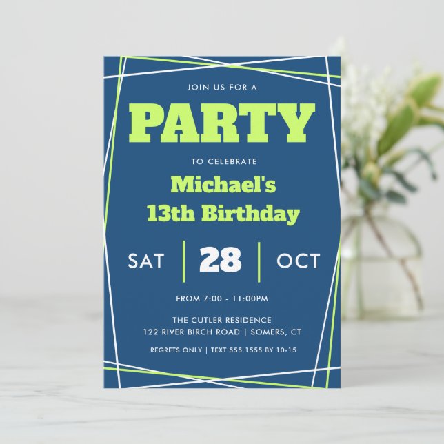 Teen Boy Birthday, 13 or Any Age, Blue Green Invitation (Standing Front)