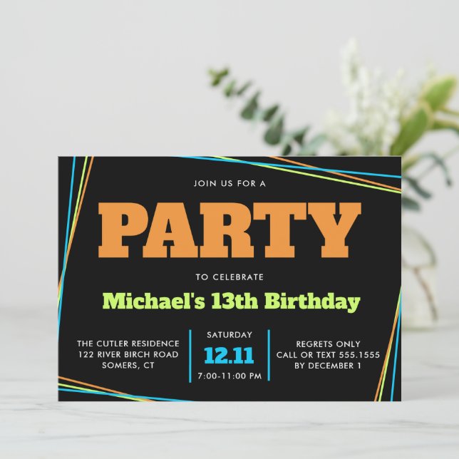 Teen Boy Birthday 13 or Any Age, Blue Green Orange Invitation (Standing Front)