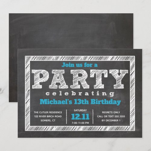 Teen Boy Birthday Invitation, Chalkboard, Blue