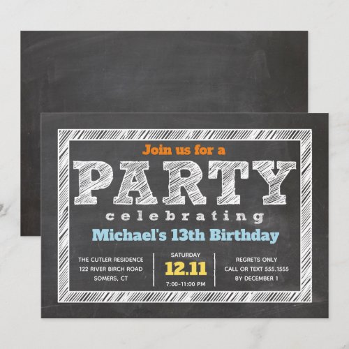 Teen Boy Birthday Invitation Chalkboard Multicolor
