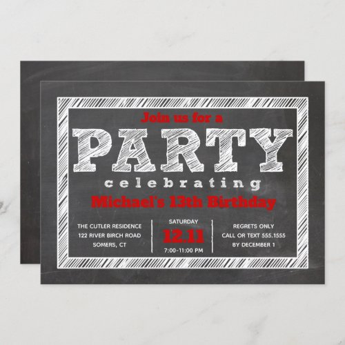 Teen Boy Birthday Invitation Chalkboard Red Invitation