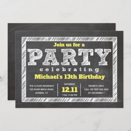 Teen Boy Birthday Invitation Chalkboard Yellow Invitation