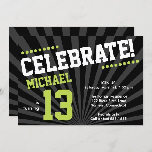 Teen Boy Birthday Invitation Lime Green and Black Invitation