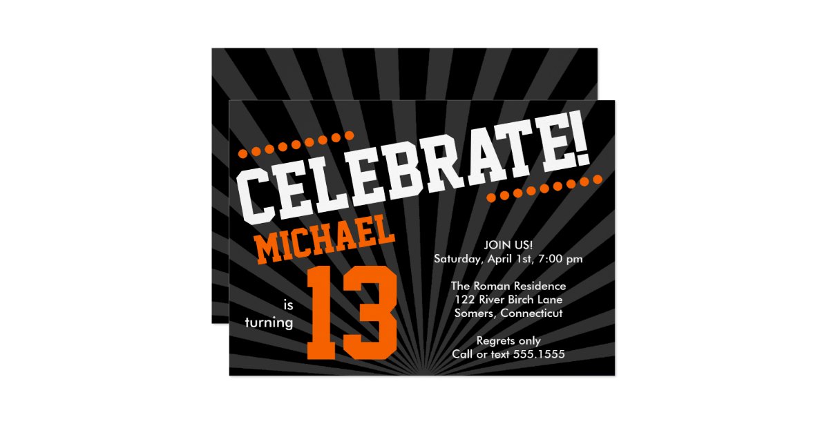 Teen Boy Birthday Invitation, Orange and Black Invitation | Zazzle.com