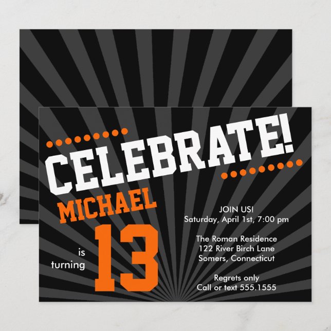 Teen Boy Birthday Invitation, Orange and Black Invitation (Front/Back)