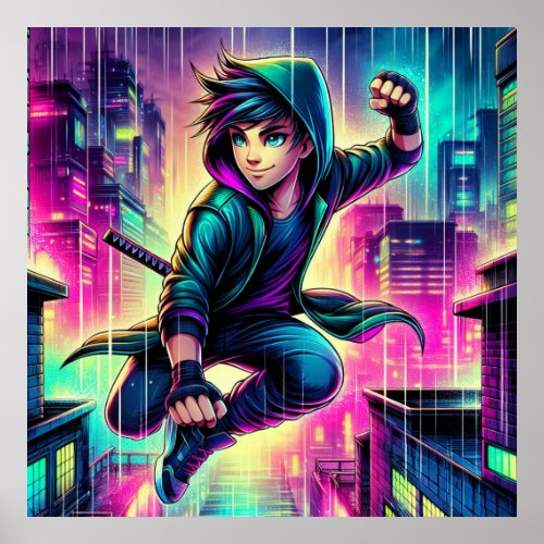 Teen Boy Ninja in a Futuristic City Poster