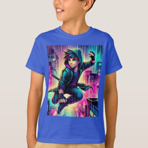 Teen Boy Ninja in a Futuristic City T_Shirt