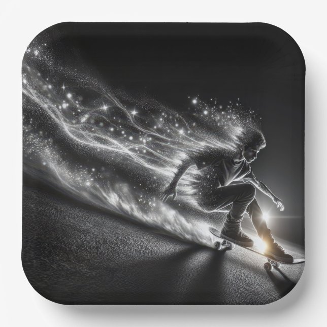 Teen Boy On a Skateboard With Neon Lights Paper Plates (Front)