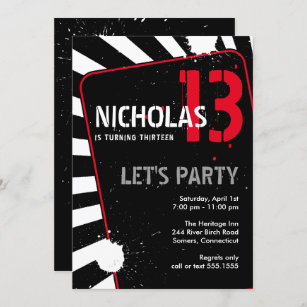 Teen Boy Party Invitation   Black, White and Red