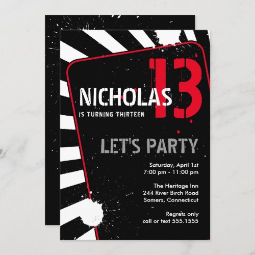 Teen Boy Party Invitation  Black White and Red