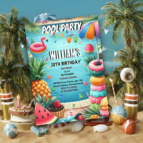 teen boy water blue Cool Pool Party 13th Birthday Invitation