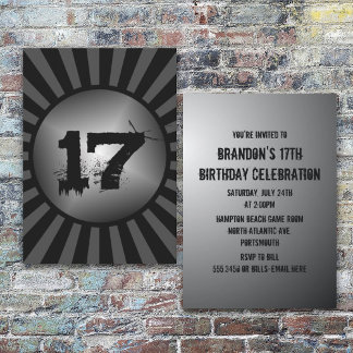 Teen Boys Black and Gray Custom Birthday Invite