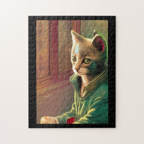 Teen cat green sweater urban alien  jigsaw puzzle