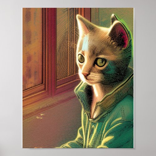 Teen cat green sweater urban alien poster