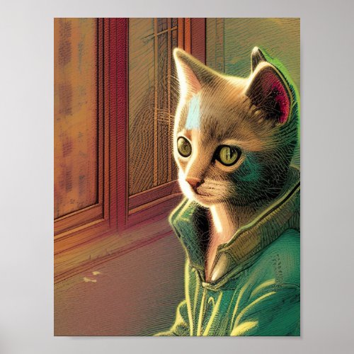 Teen cat green sweater urban alien poster