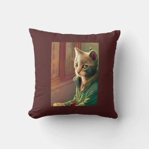 Teen cat green sweater urban alien  throw pillow