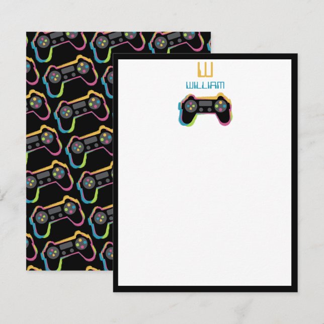 Teen Gaming Gamer Video Game Kids Monogram Note Card (Front/Back)