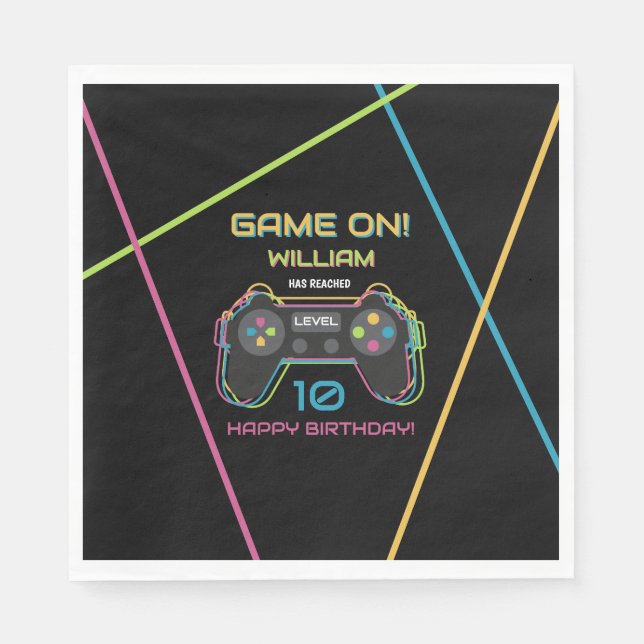 Teen Gaming Gamer Video Game Player Neon Birthday Napkins (Front)