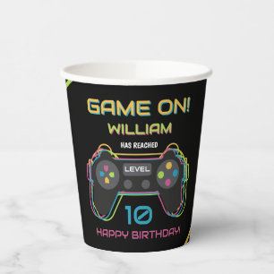 Teen Gaming Gamer Video Game Player Neon Birthday Paper Cups