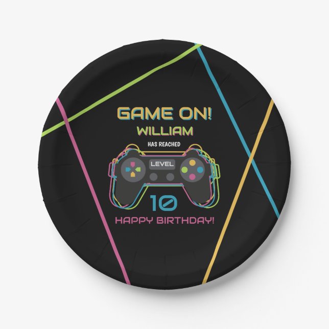 Teen Gaming Gamer Video Game Player Neon Birthday Paper Plates (Front)