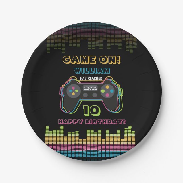 Teen Gaming Gamer Video Game Player Retro Birthday Paper Plates (Front)