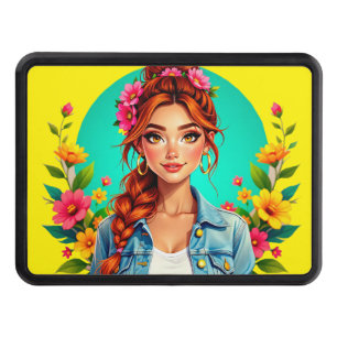 Teen Girl Aesthetic – Floral Cartoon Portrait Hitch Cover