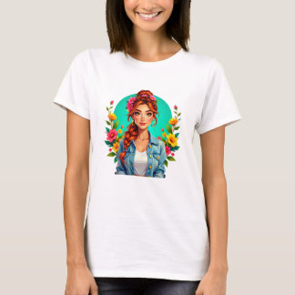 Teen Girl Aesthetic – Floral Cartoon Portrait T-Shirt