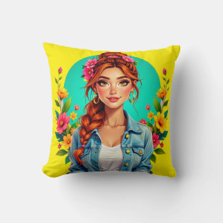 Teen Girl Aesthetic – Floral Cartoon Portrait Throw Pillow