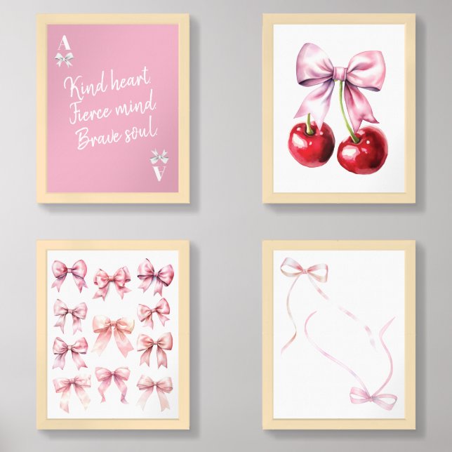  Teen Girl Aesthetic Pink Bow & Cherry Custom  Wall Art Sets (Front)
