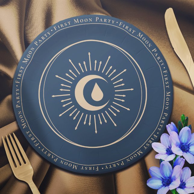 Teen Girl Celestial Blue First Moon Period Party Paper Plates (In Situ)