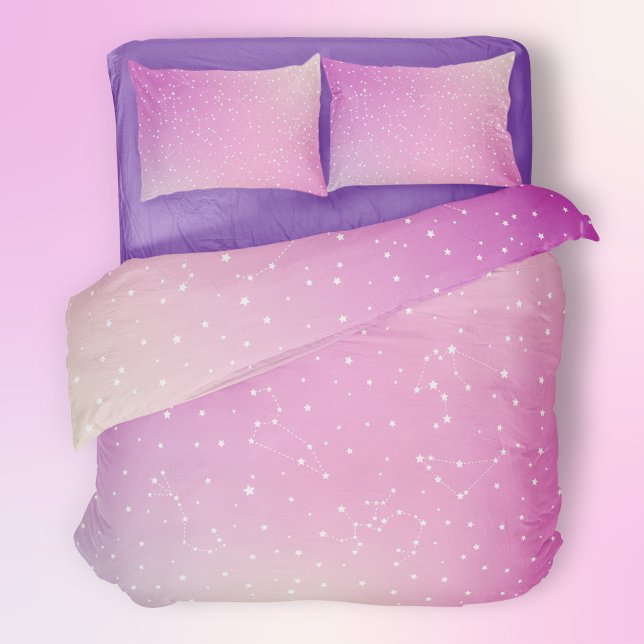 Teen Girl Constellation Pink Graident Aura Stars Duvet Cover (Mockup of bed. Visit my store for matching pillowcases.)