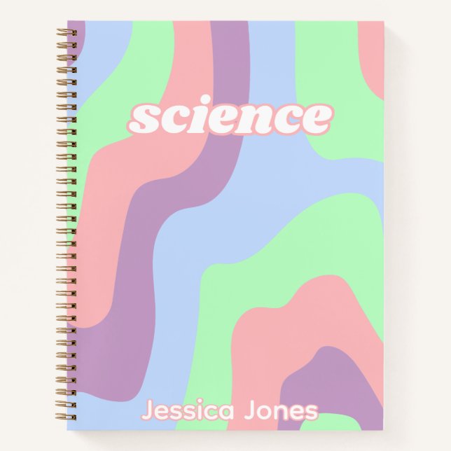 Teen Girl Groovy Pink Blue Wavy Lines Subject Name Notebook (Front)