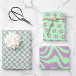Teen Girl Groovy Purple Green Wavy Checkered Daisy Wrapping Paper Sheets