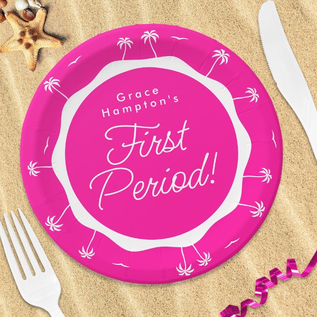 Teen Girl Hot Pink Summer First Period Party Paper Plates (In Situ at beach)
