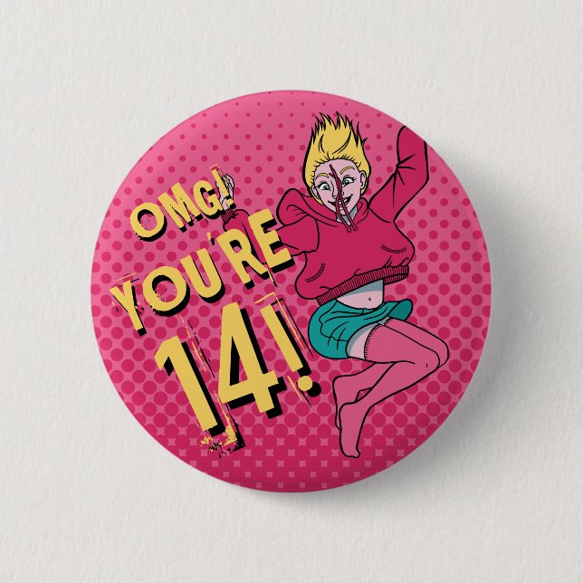 Teen Girl Jumping Pink 14th Birthday Button (Front)