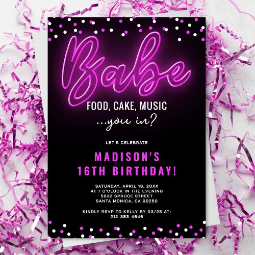 Teen Girl Neon Babe Birthday Party Invitation