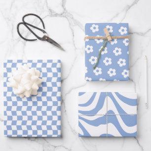 Teen Girl Pastel Blue White Wavy Checkered Flower Wrapping Paper Sheets