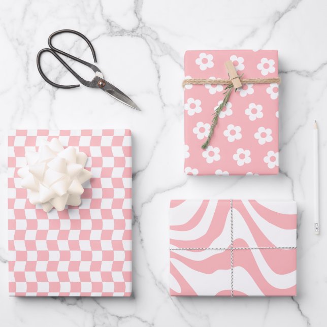 Teen Girl Pastel Pink White Wavy Checkered Flower Wrapping Paper Sheets (Front)