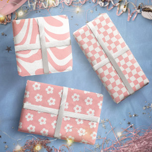 Teen Girl Pastel Pink White Wavy Checkered Flower Wrapping Paper Sheets