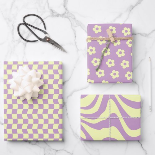 Teen Girl Pastel Yellow Purple Wavy Checker Flower Wrapping Paper Sheets